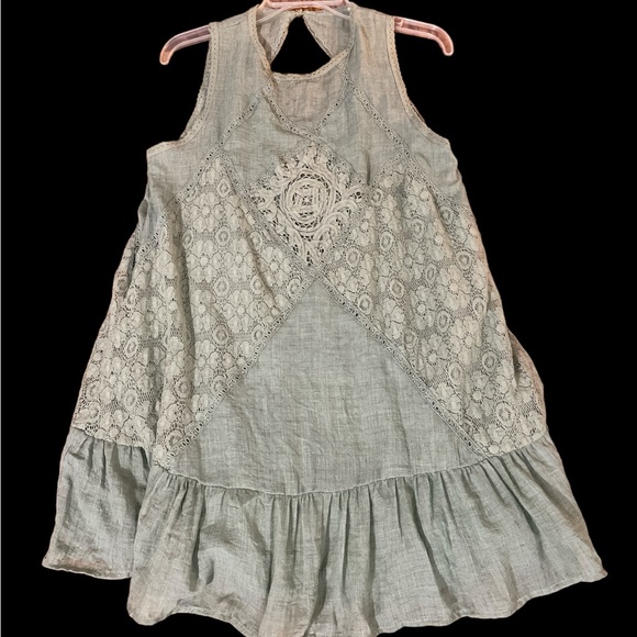 Sage olive green lace overlay open peek a boo back swing dress S boho casual - Picture 6 of 6